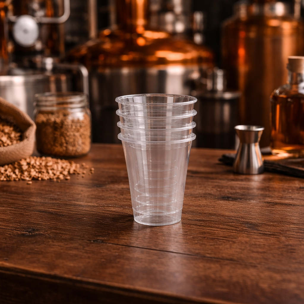 Stack of clear plastic cups on a wooden table with brewing equipment in the background