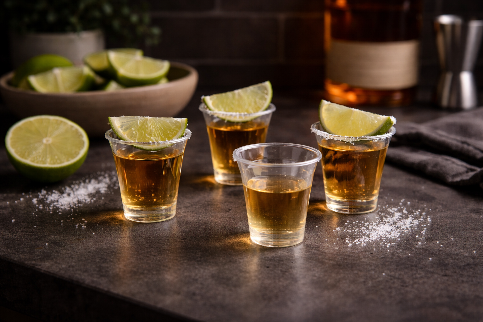 Four shot glasses with gold liquid, lime wedges, and salt on a dark surface.